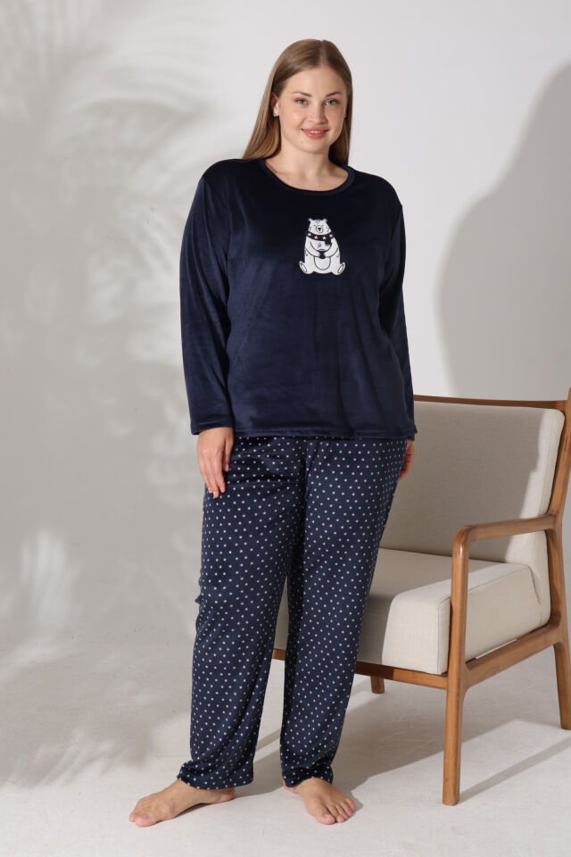 Estiva Kadın Ayıcık Desenli Lacivert Büyük Beden Kadife Pijama Takımı