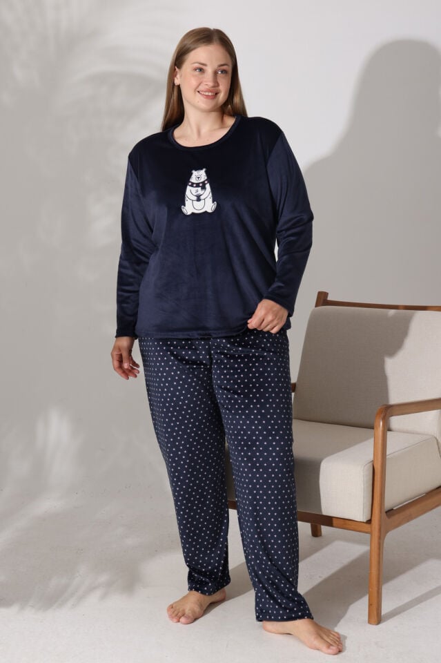 Estiva Kadın Ayıcık Desenli Lacivert Büyük Beden Kadife Pijama Takımı alternatif görsel