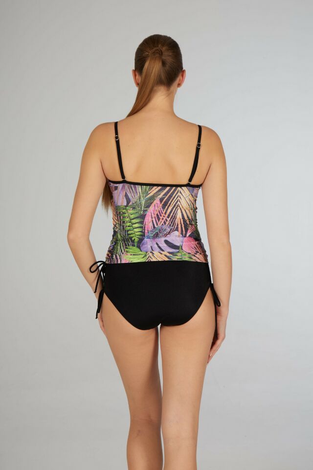 Estiva Kadın Tropikal Desenli Kahverengi Emprime Şortlu İnce Askılı Tankini