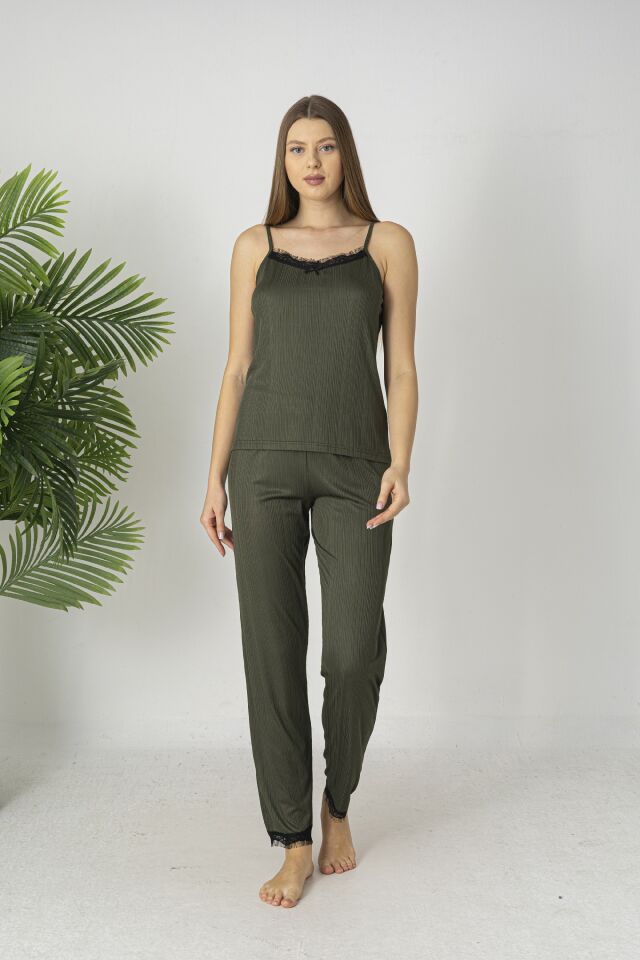 Estiva Kadın İp Askılı Likra Viskon Yazlık Pijama Takımı L - Haki