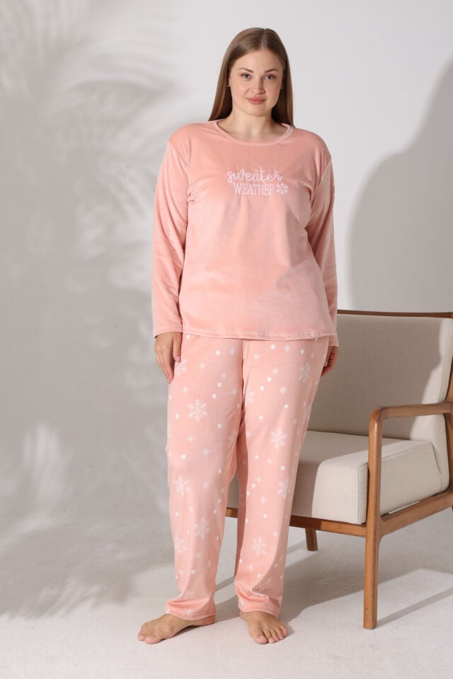 Estiva Kadın Kar Tanesi Desenli Somon Rengi Büyük Beden Kadife Pijama Takımı