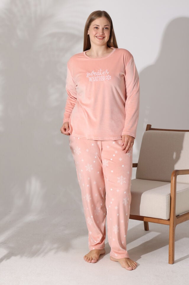Estiva Kadın Kar Tanesi Desenli Somon Rengi Büyük Beden Kadife Pijama Takımı alternatif görsel