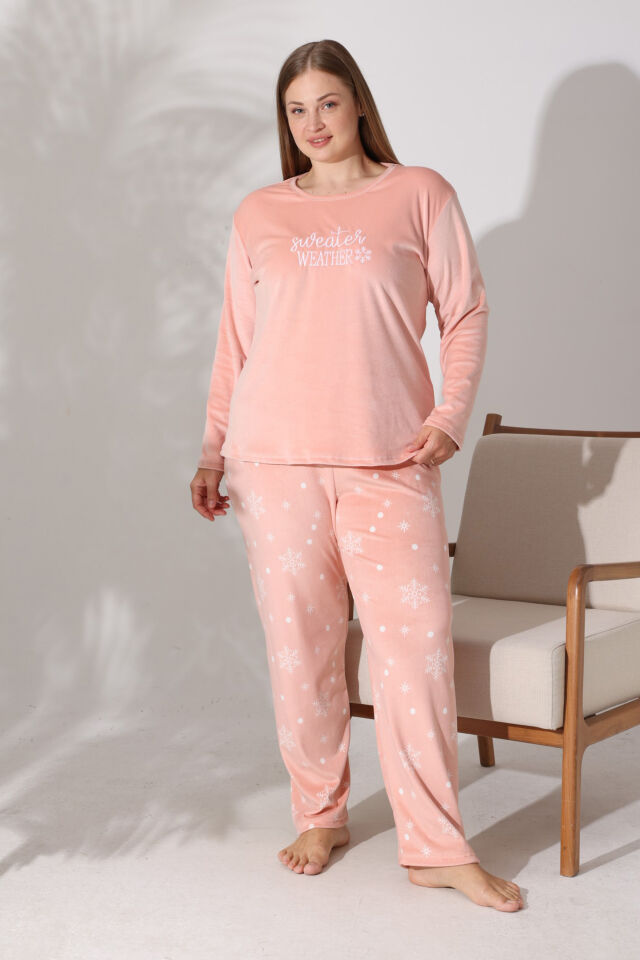 Estiva Kadın Kar Tanesi Desenli Somon Rengi Büyük Beden Kadife Pijama Takımı