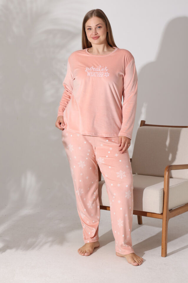 Estiva Kadın Kar Tanesi Desenli Somon Rengi Büyük Beden Kadife Pijama Takımı