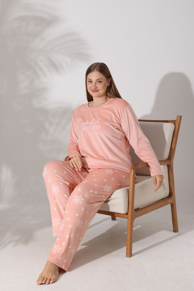 Estiva Kadın Kar Tanesi Desenli Somon Rengi Büyük Beden Kadife Pijama Takımı