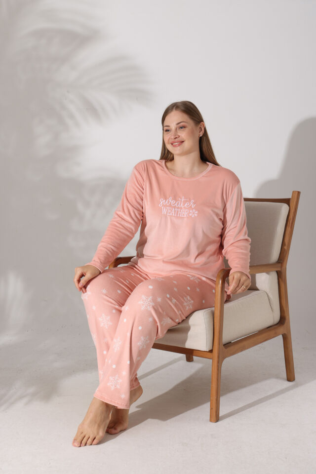 Estiva Kadın Kar Tanesi Desenli Somon Rengi Büyük Beden Kadife Pijama Takımı