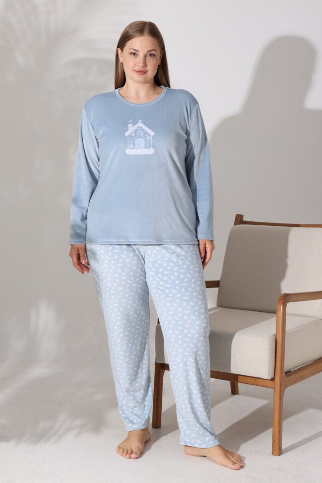 Estiva Kadın Ev Desenli Mavi Büyük Beden Kadife Pijama Takımı