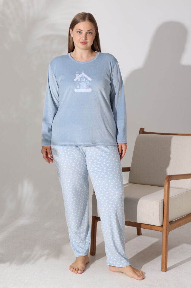 Estiva Kadın Ev Desenli Mavi Büyük Beden Kadife Pijama Takımı
