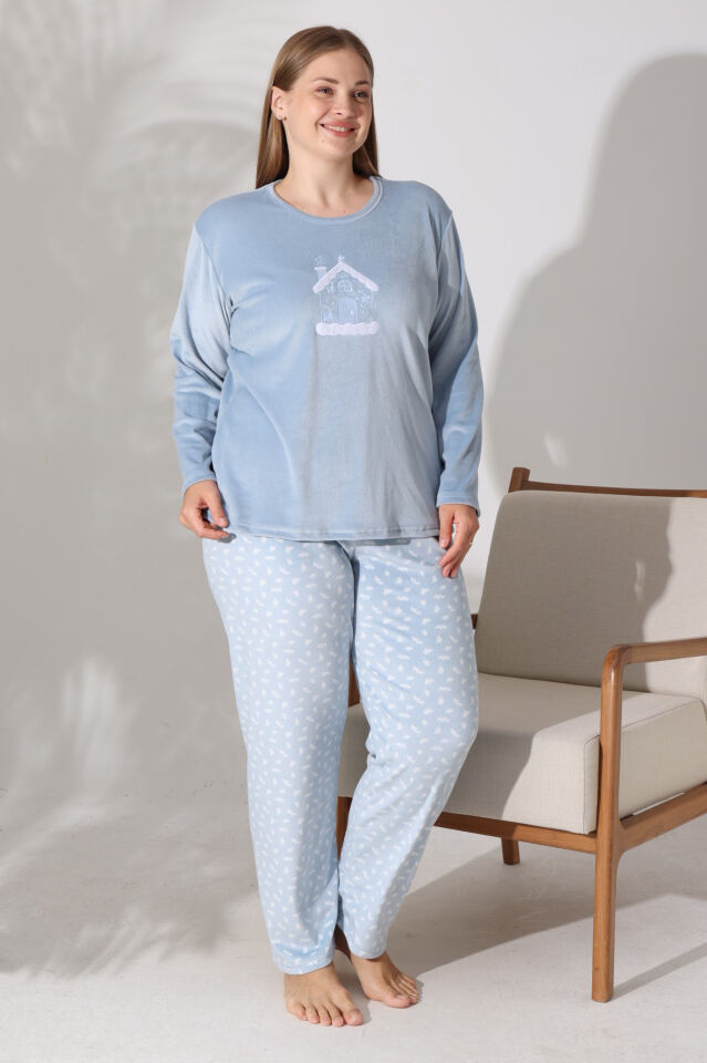 Estiva Kadın Ev Desenli Mavi Büyük Beden Kadife Pijama Takımı alternatif görsel
