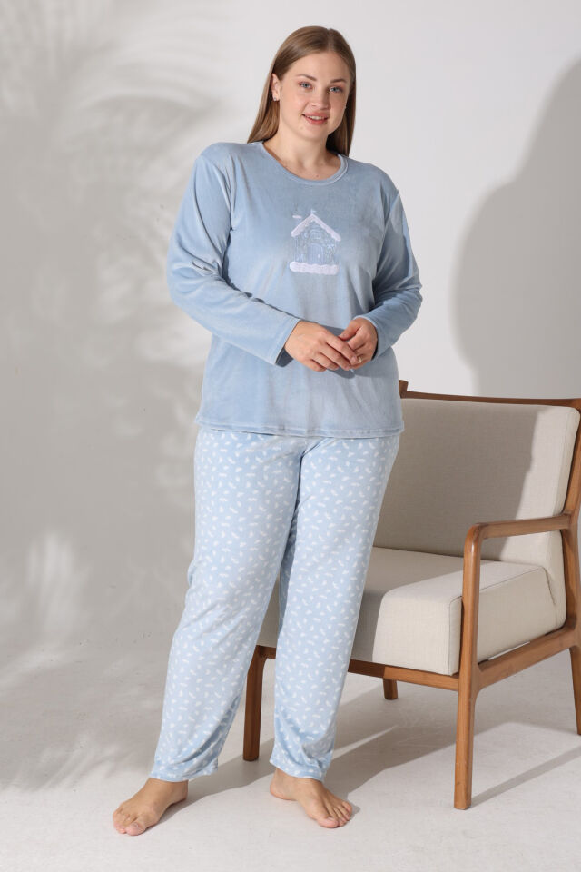 Estiva Kadın Ev Desenli Mavi Büyük Beden Kadife Pijama Takımı