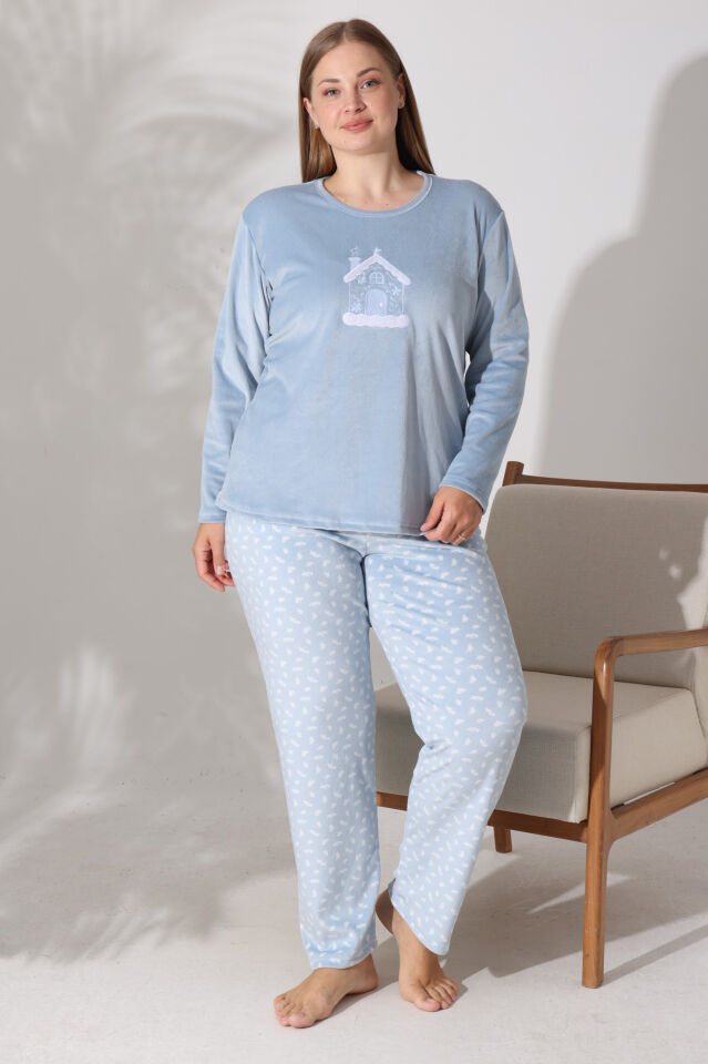 Estiva Kadın Ev Desenli Mavi Büyük Beden Kadife Pijama Takımı