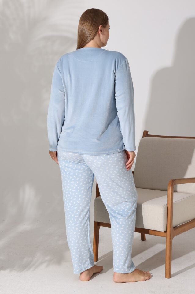 Estiva Kadın Ev Desenli Mavi Büyük Beden Kadife Pijama Takımı