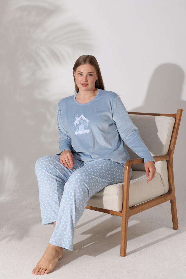 Estiva Kadın Ev Desenli Mavi Büyük Beden Kadife Pijama Takımı