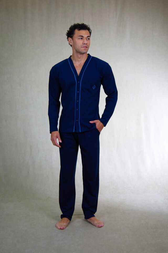 Estiva Erkek Biyeli Önden Düğmeli Büyük Beden Süprem Pijama Takımı Lacivert - 3XL