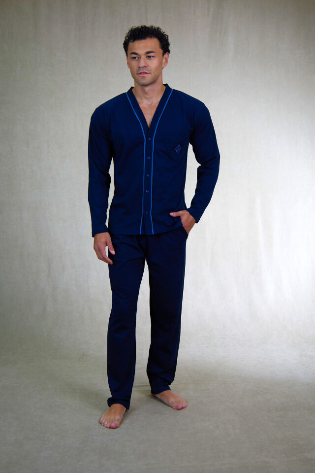 Estiva Erkek Biyeli Önden Düğmeli Büyük Beden Süprem Pijama Takımı Lacivert - 4XL