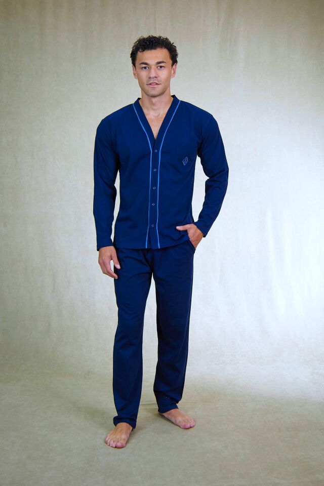Estiva Erkek Biyeli Önden Düğmeli Büyük Beden Süprem Pijama Takımı Lacivert - 4XL
