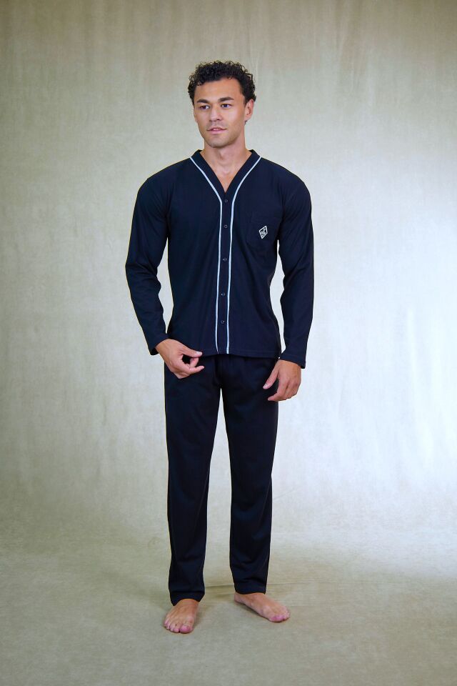 Estiva Erkek Biyeli Önden Düğmeli Büyük Beden Süprem Pijama Takımı Siyah - 5XL