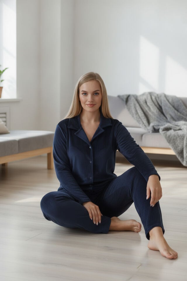 Estiva Kadın Önden Düğmeli Büyük Beden Kadife Pijama Takımı alternatif görsel