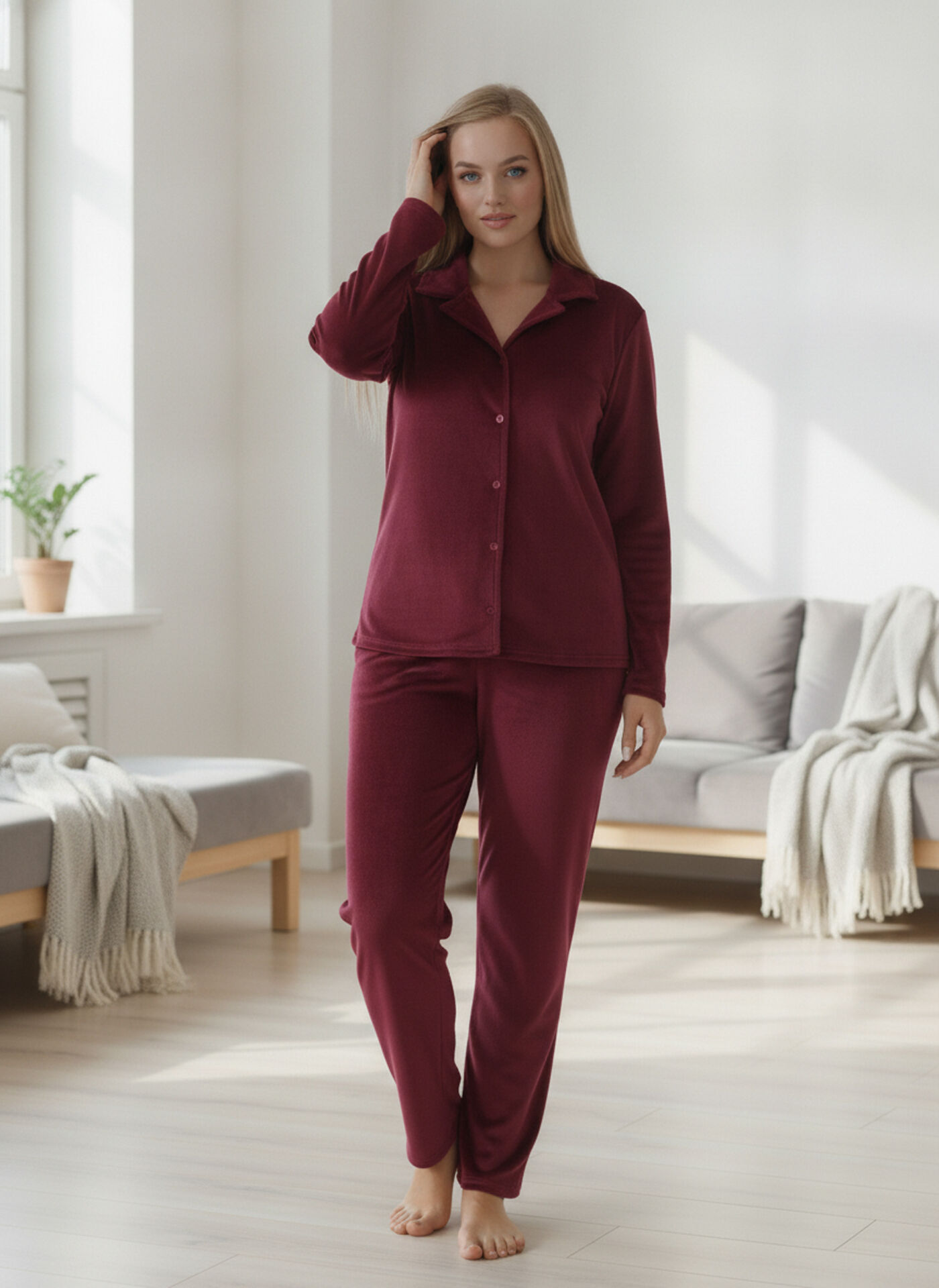 Estiva Kadın Önden Düğmeli Büyük Beden Kadife Pijama Takımı 3XL - Bordo