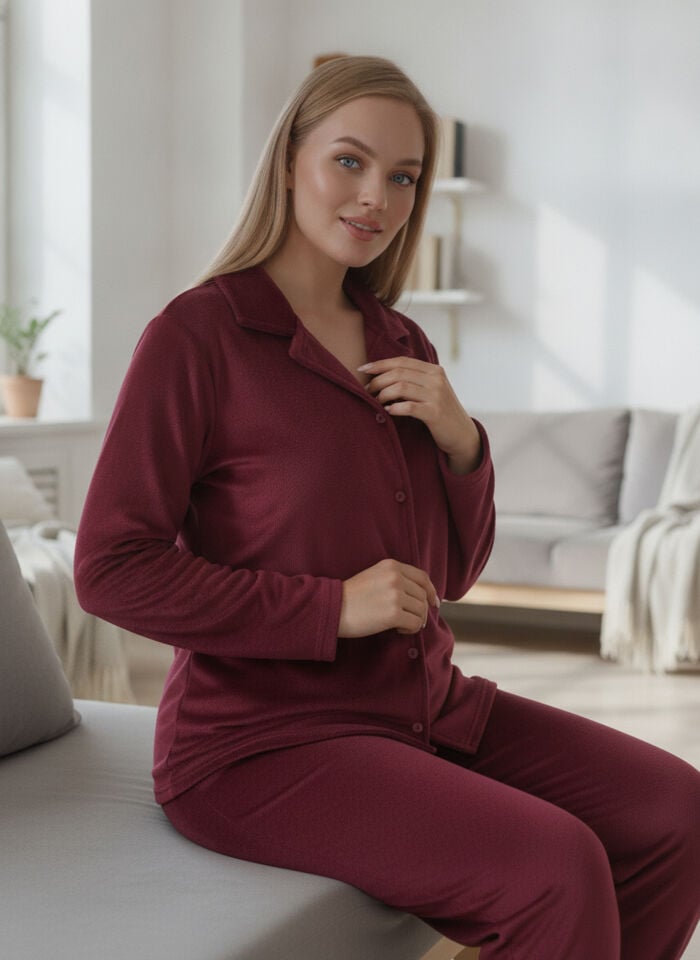 Estiva Kadın Önden Düğmeli Büyük Beden Kadife Pijama Takımı 3XL - Bordo
