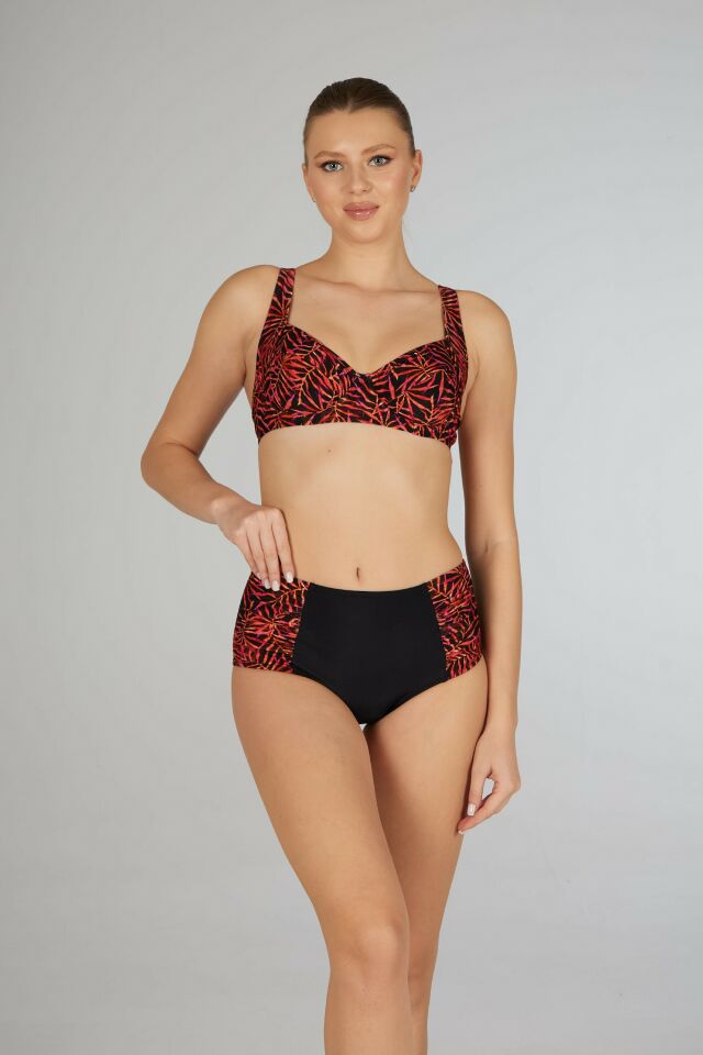 Estiva Kadın Yaprak Desenli Siyah Balenli Emprime Bikini Takımı