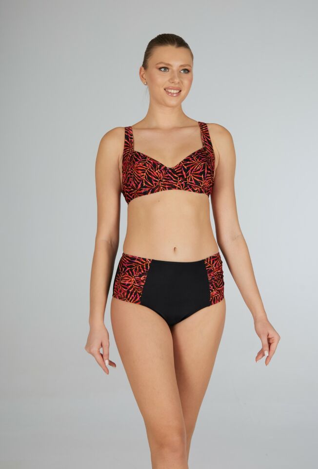 Estiva Kadın Yaprak Desenli Siyah Balenli Emprime Bikini Takımı