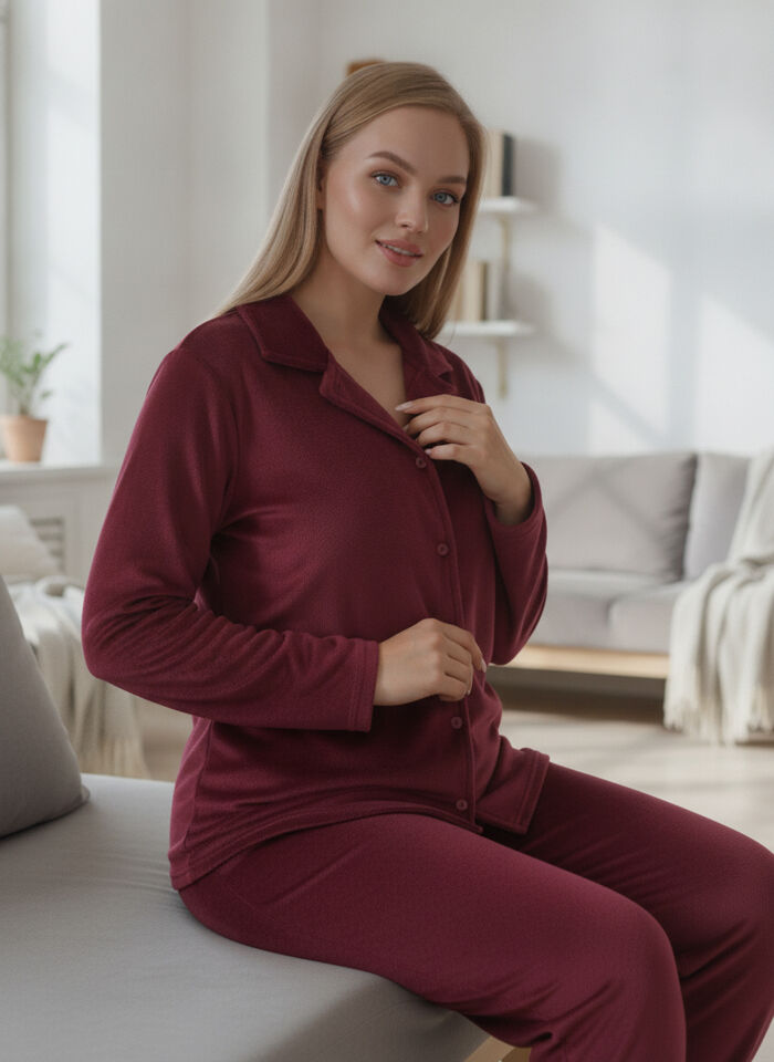 Estiva Kadın Önden Düğmeli Büyük Beden Kadife Pijama Takımı 4XL - Bordo