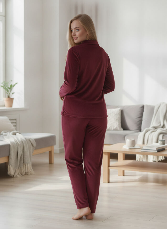 Estiva Kadın Önden Düğmeli Büyük Beden Kadife Pijama Takımı 5XL - Bordo