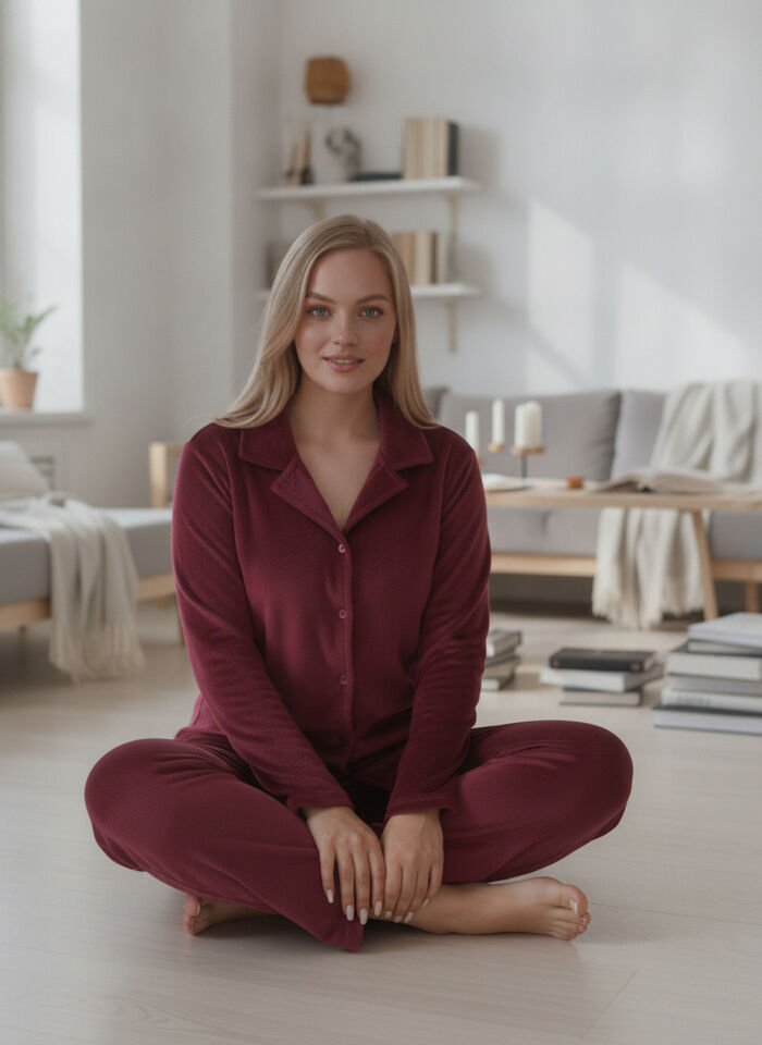 Estiva Kadın Önden Düğmeli Büyük Beden Kadife Pijama Takımı 5XL - Bordo