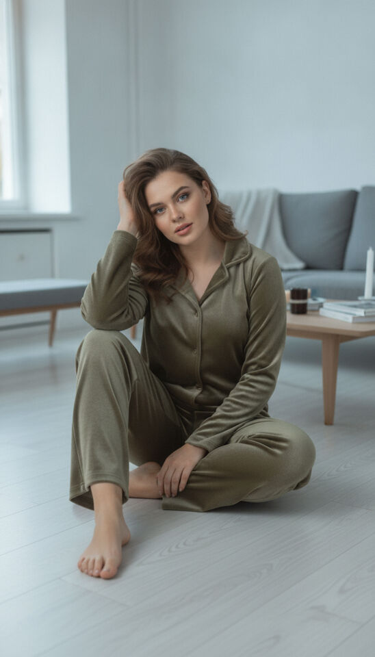 Estiva Kadın Önden Düğmeli Büyük Beden Kadife Pijama Takımı 3XL - Haki