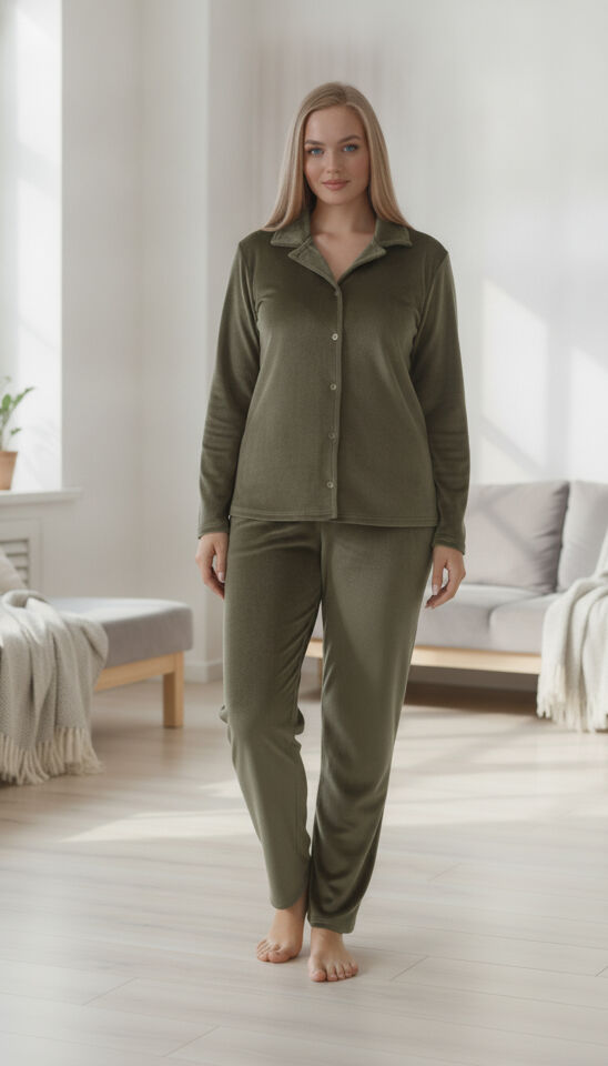 Estiva Kadın Önden Düğmeli Büyük Beden Kadife Pijama Takımı 4XL - Haki