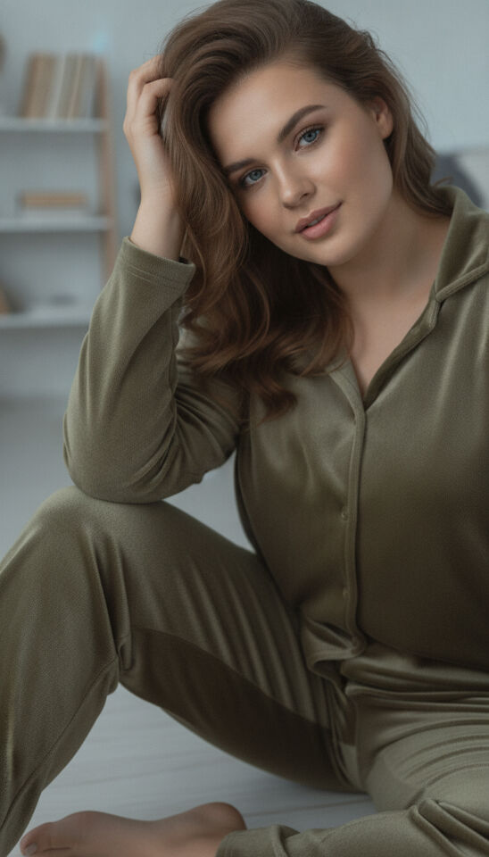 Estiva Kadın Önden Düğmeli Büyük Beden Kadife Pijama Takımı 4XL - Haki
