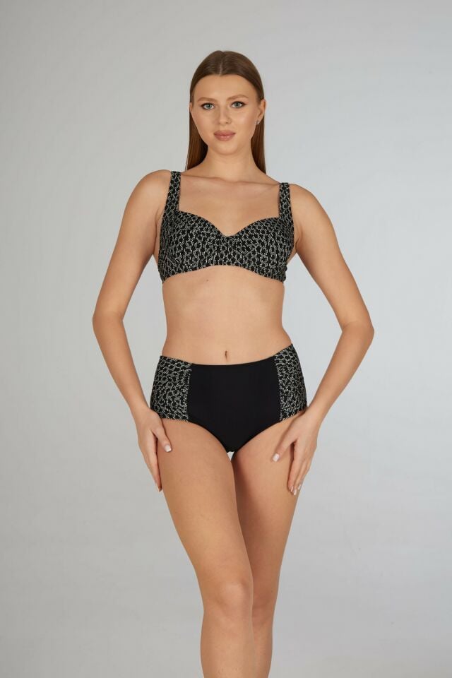 Estiva Kadın Zincir Desenli Siyah Balenli Emprime Bikini Takımı
