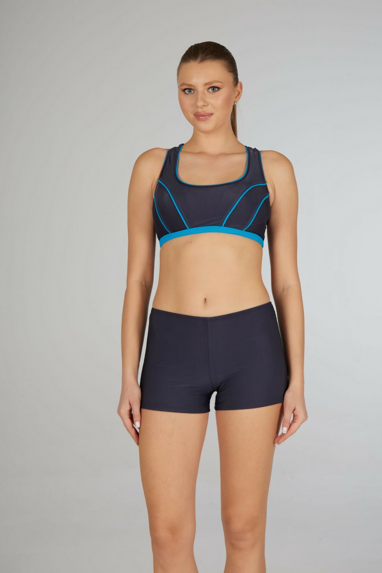 Estiva Kadın Şortlu Mavi Biyeli Yüzücü Bikini Takımı