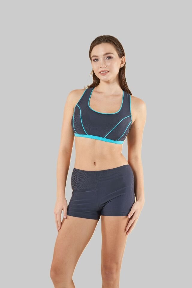 Estiva Kadın Şortlu Mavi Biyeli Yüzücü Bikini Takımı