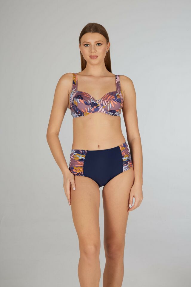 Estiva Kadın Yaprak Desenli Lacivert Balenli Emprime Bikini Takımı