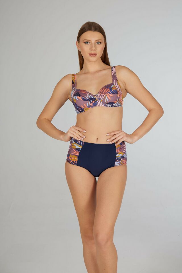 Estiva Kadın Yaprak Desenli Lacivert Balenli Emprime Bikini Takımı
