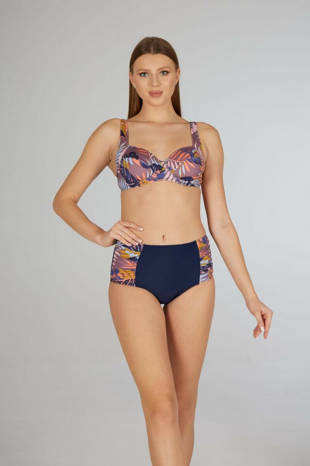 Estiva Kadın Yaprak Desenli Lacivert Balenli Emprime Bikini Takımı