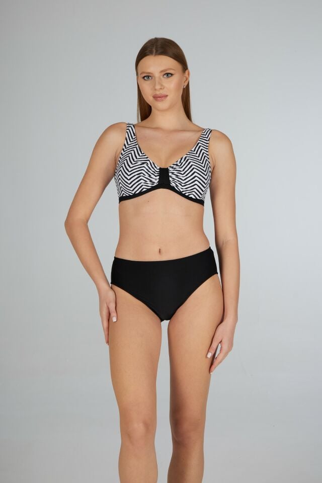 Estiva Kadın Çizgi Desenli Siyah Toparlayıcı Emprime Battal Beden Bikini Takımı