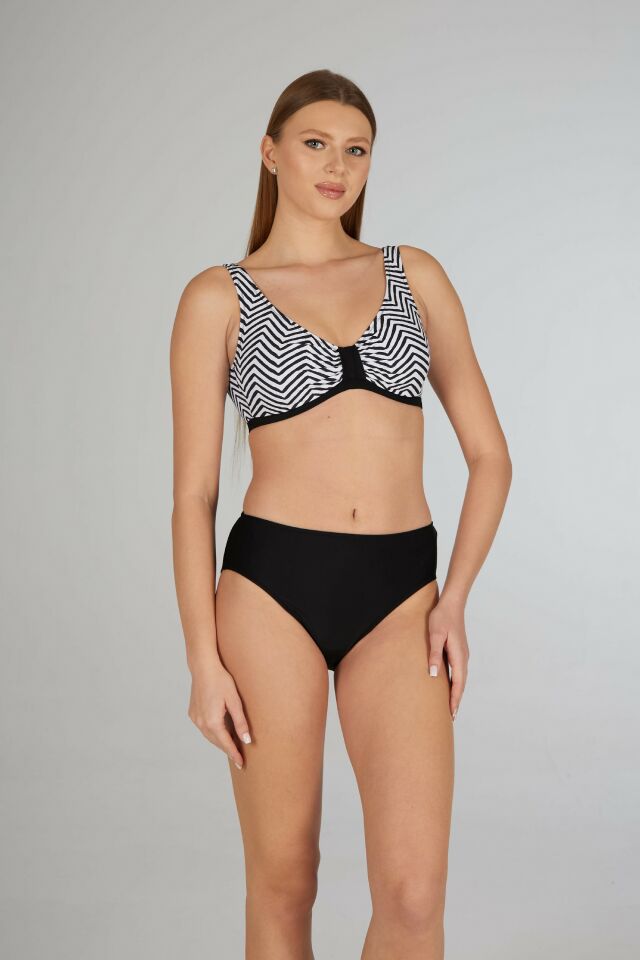 Estiva Kadın Çizgi Desenli Siyah Toparlayıcı Emprime Battal Beden Bikini Takımı