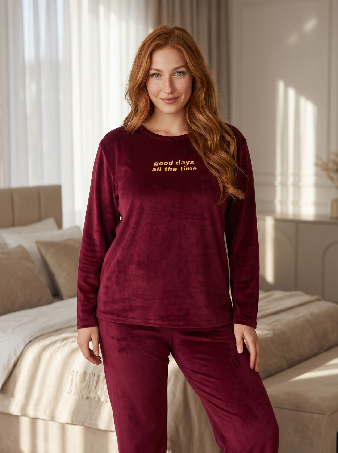 Estiva Kadın Good Yazılı Büyük Beden Kadife Pijama Takımı 3XL - Bordo