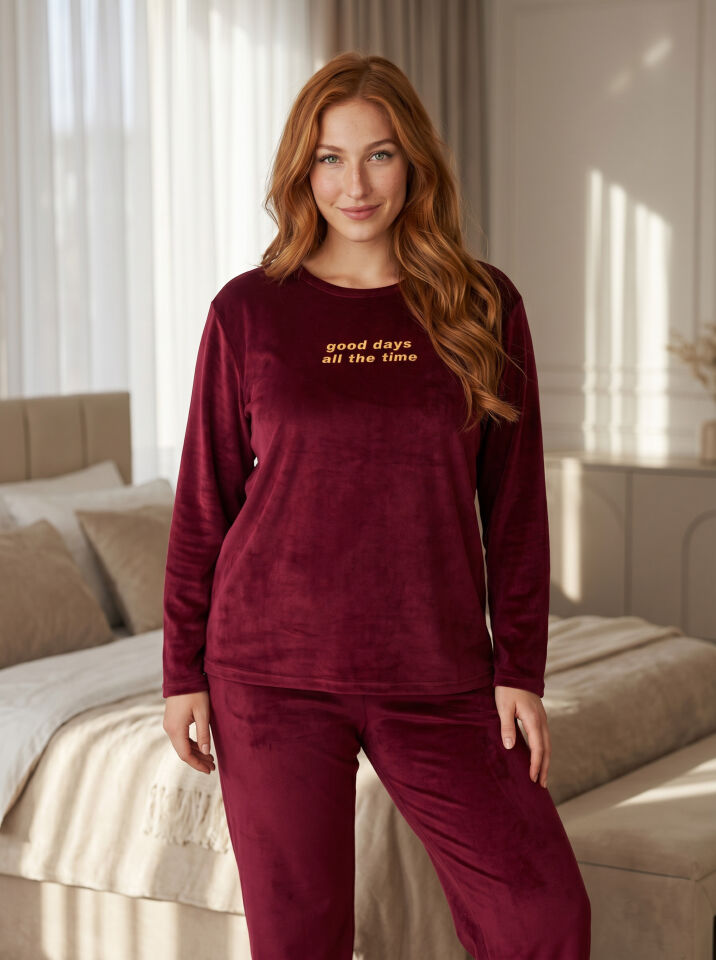 Estiva Kadın Good Yazılı Büyük Beden Kadife Pijama Takımı 4XL - Bordo