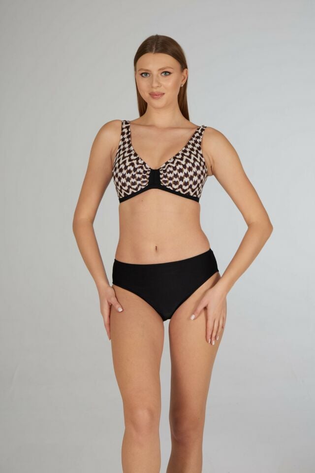 Estiva Kadın Dalga Desenli Siyah Toparlayıcı Emprime Battal Beden Bikini Takımı
