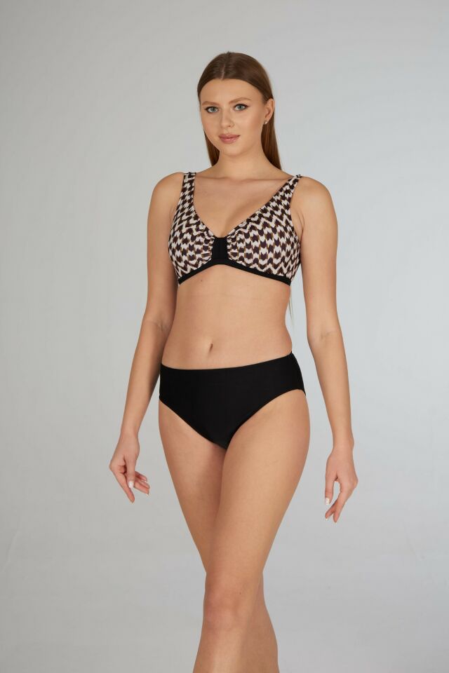 Estiva Kadın Dalga Desenli Siyah Toparlayıcı Emprime Battal Beden Bikini Takımı