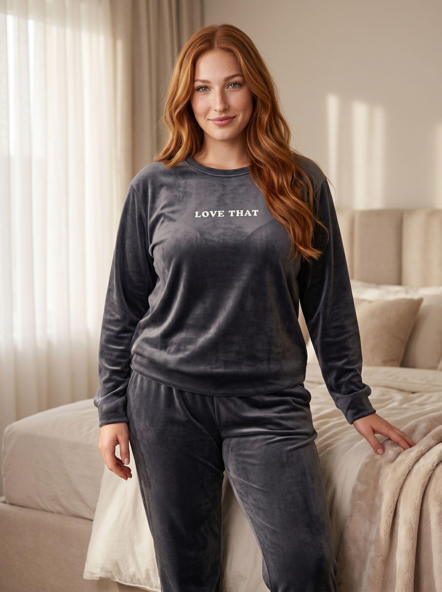 Estiva Kadın Everything Yazılı Büyük Beden Kadife Pijama Takımı 4XL - Füme