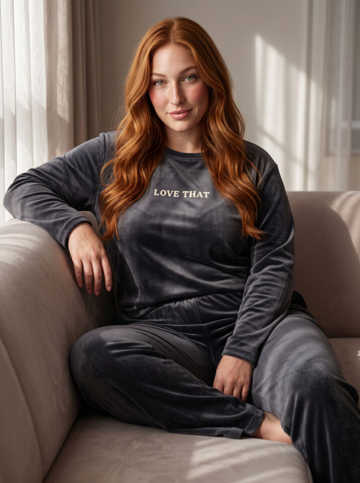 Estiva Kadın Everything Yazılı Büyük Beden Kadife Pijama Takımı 5XL - Füme