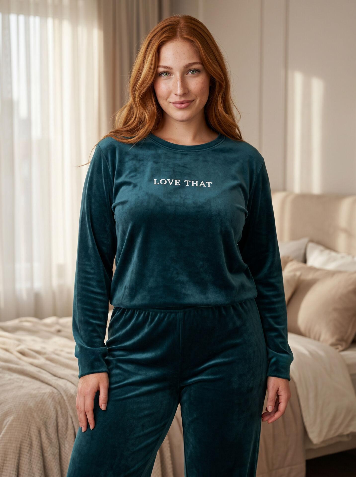 Estiva Kadın Everything Yazılı Büyük Beden Kadife Pijama Takımı 4XL - PETROL