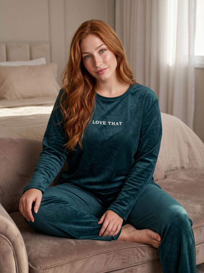 Estiva Kadın Everything Yazılı Büyük Beden Kadife Pijama Takımı 4XL - PETROL