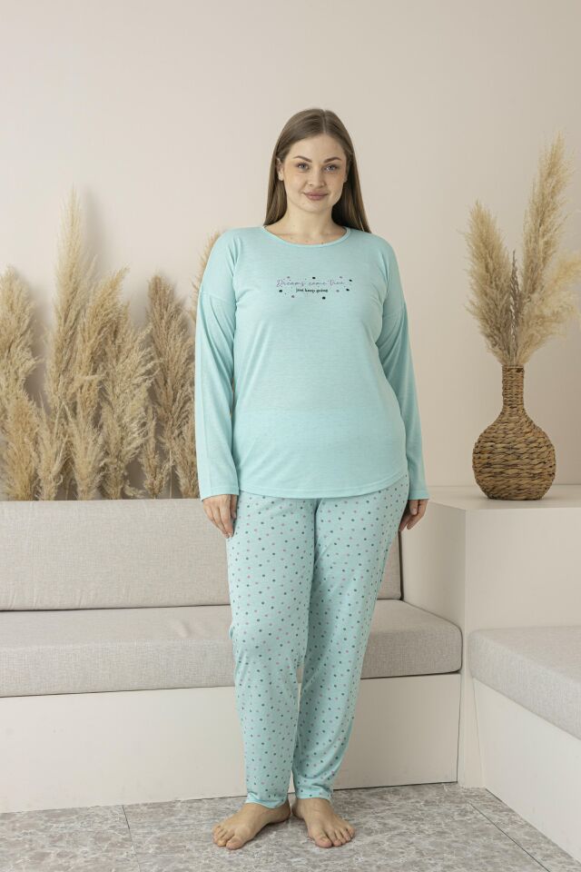Kadın Yazlık Puantiyeli Uzun Kollu Viskon Battal Pijama Takımı 3XL - MİNT