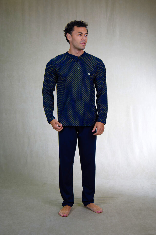 Estiva Erkek Üst Desenli Lacivert Uzun Kollu Patlı Penye Pijama Takımı Lacivert - L
